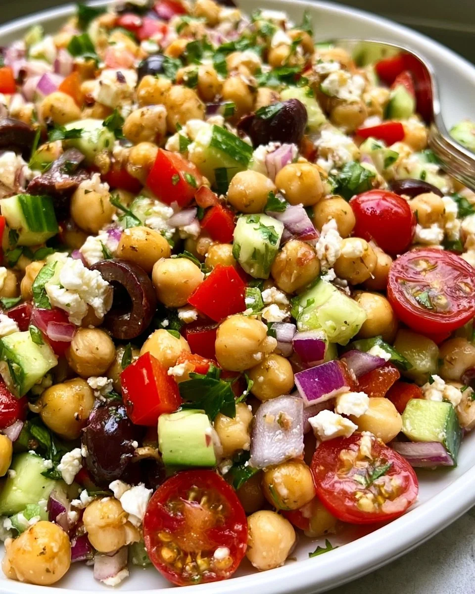 Colorful Mediterranean Chickpea Salad with fresh vegetables and herbs.