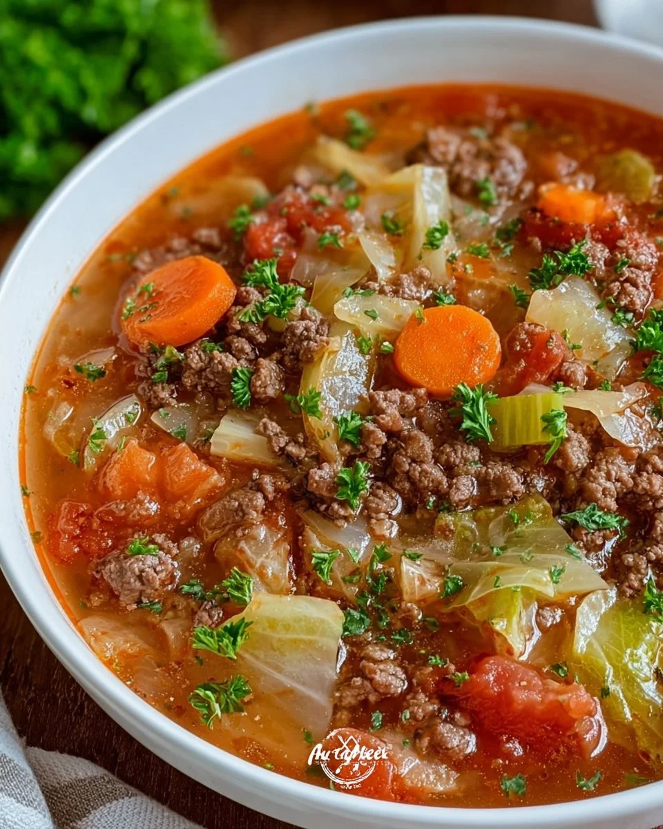 Bowl of delicious Beef Cabbage Soup garnished with herbs