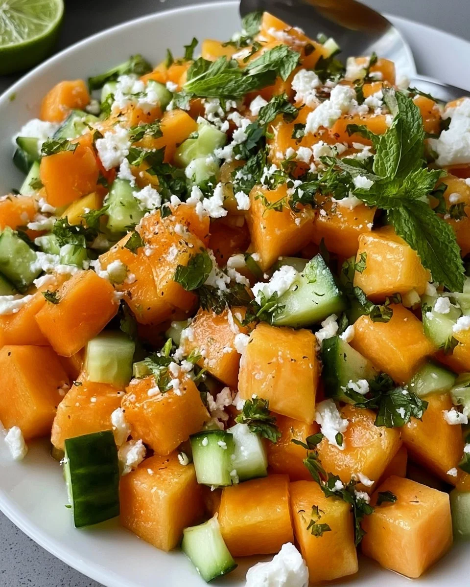 Fresh cantaloupe salad with vibrant melon and herbs