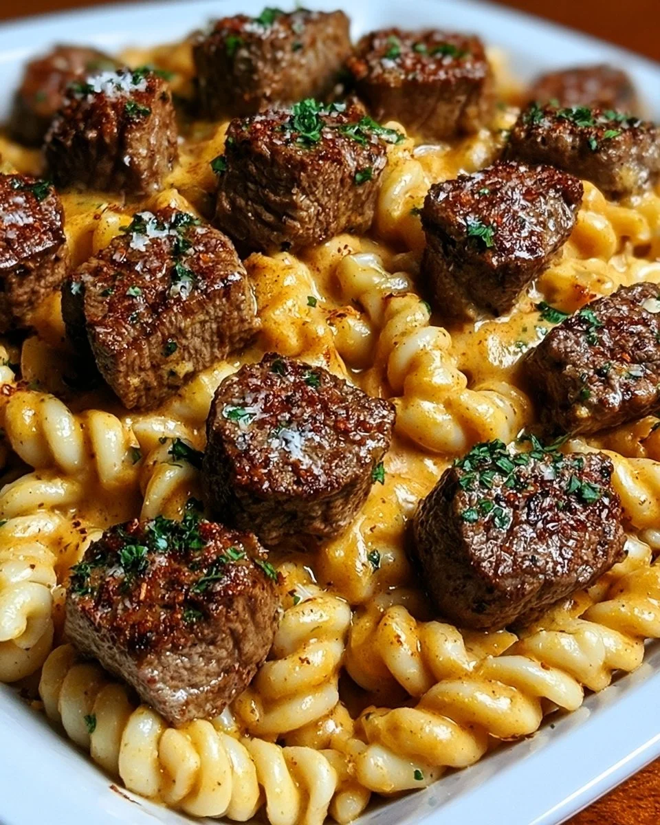 Creamy Garlic Butter Steak Bites with Spicy Cajun Alfredo Twisted Pasta