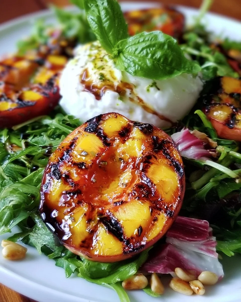 Fresh Grilled Peach and Burrata Salad