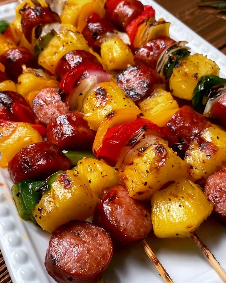 Grilled pineapple kielbasa skewers on a barbecue grill