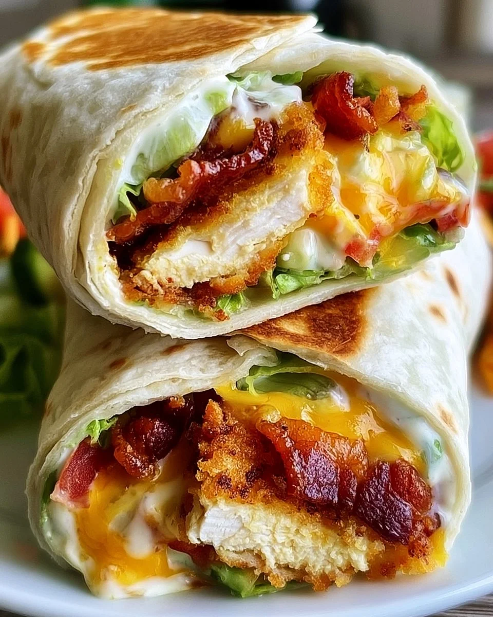 Homemade crispy bacon ranch chicken wraps on a plate