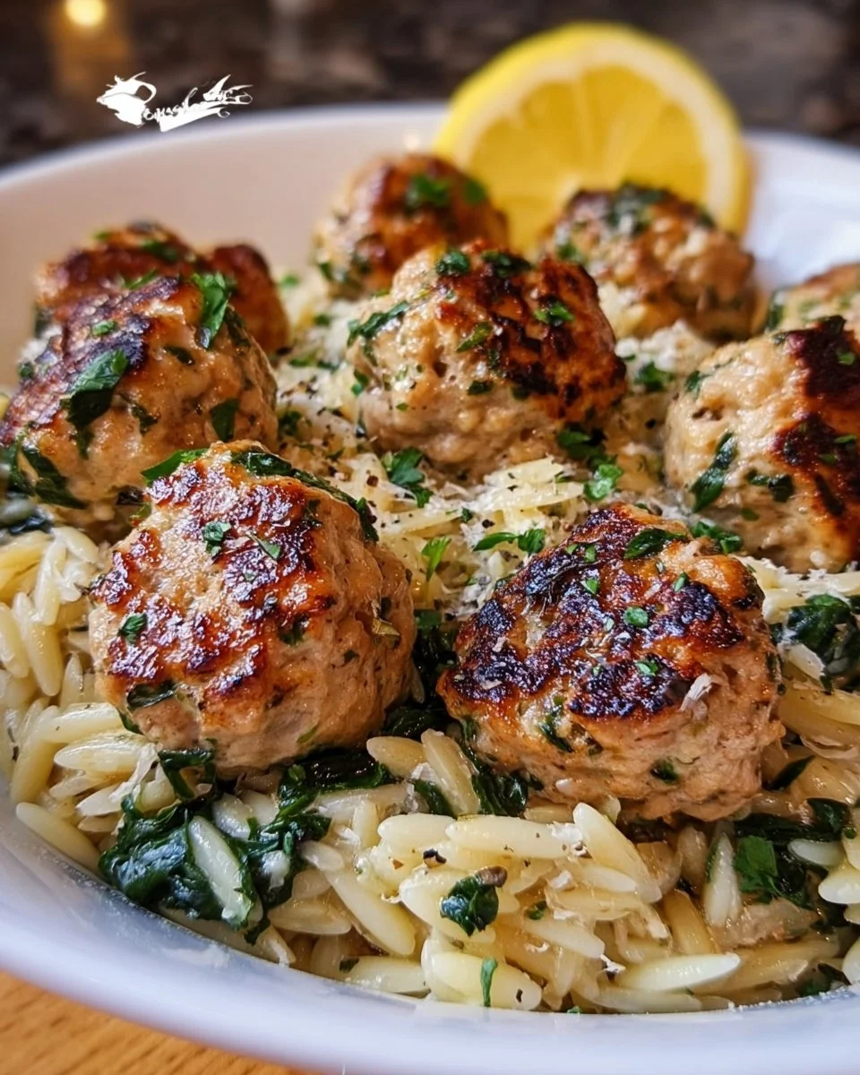 Lemony Chicken Ricotta Meatballs with Creamy Garlic Spinach Orzo
