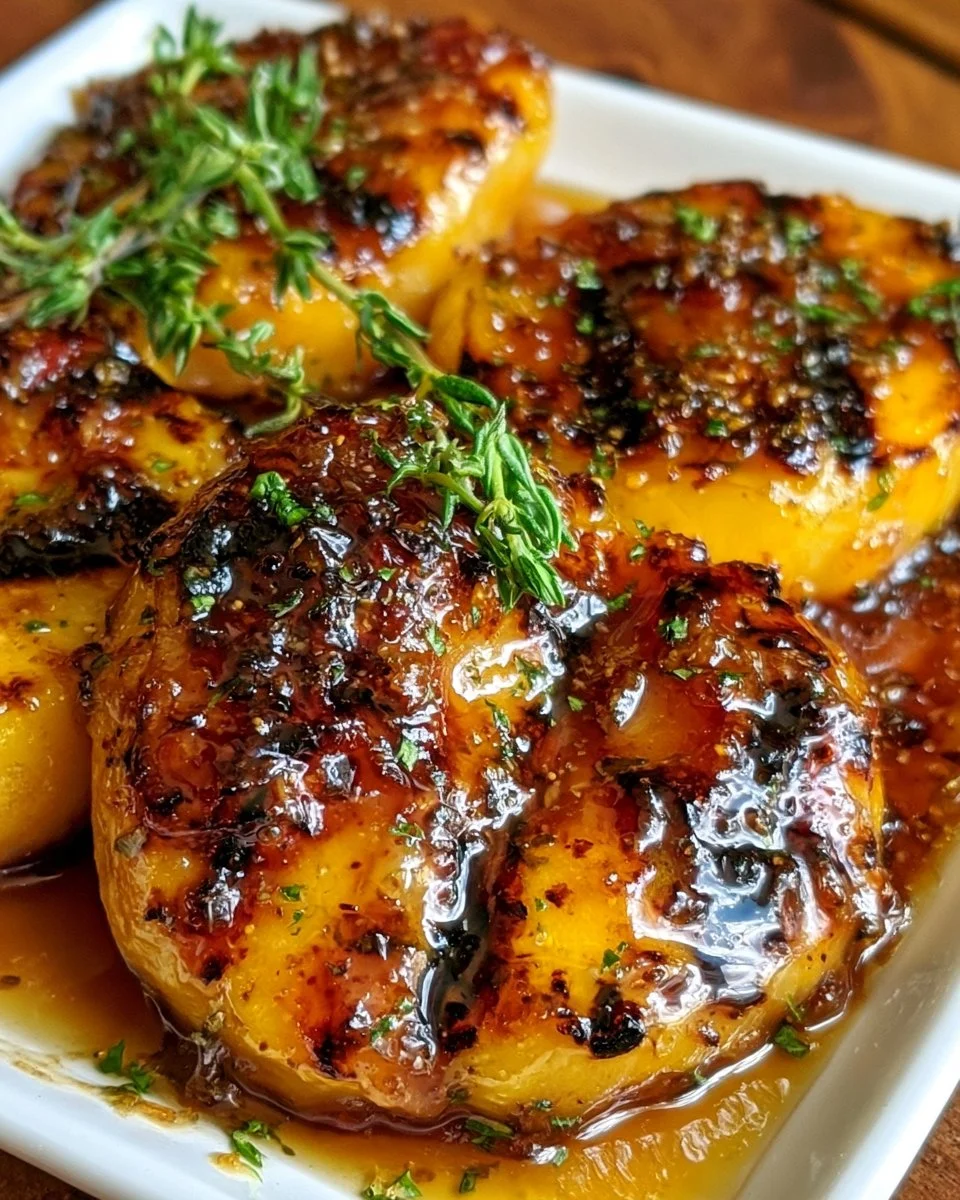 Savory grilled peaches drizzled with brown butter honey sauce on a plate