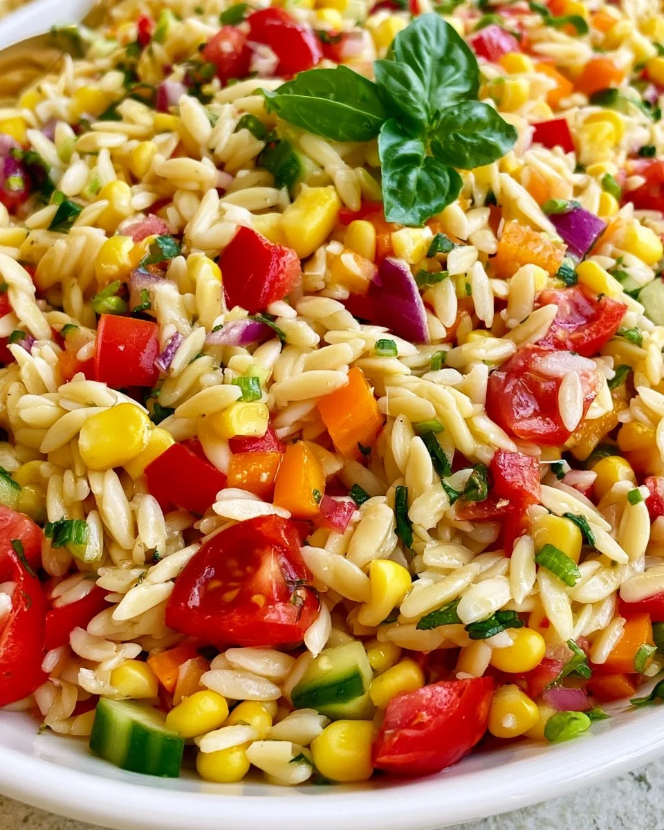 Colorful Summer Orzo Pasta Salad with fresh vegetables and herbs