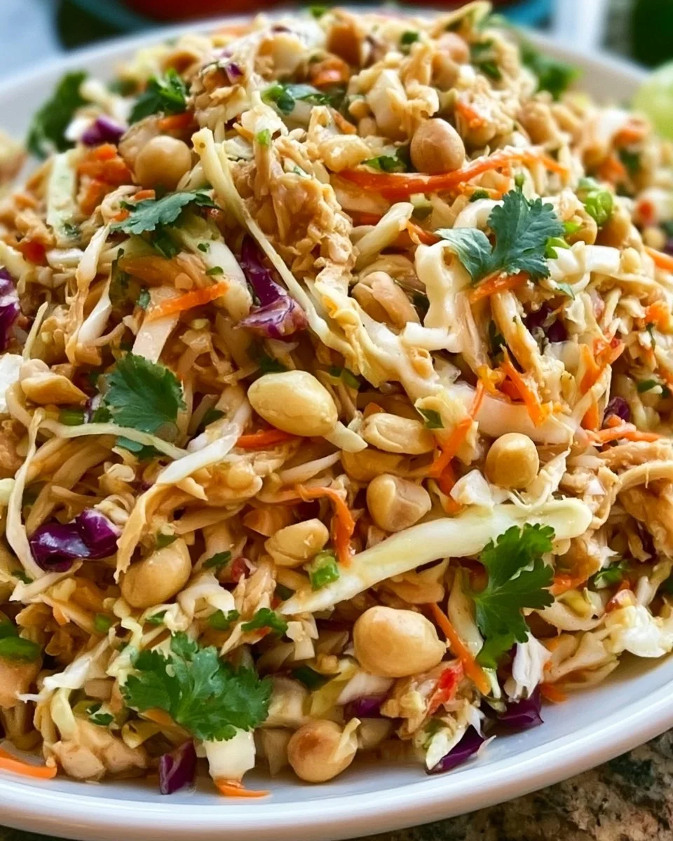Bowl of vibrant Thai Chicken Salad with colorful vegetables and grilled chicken.